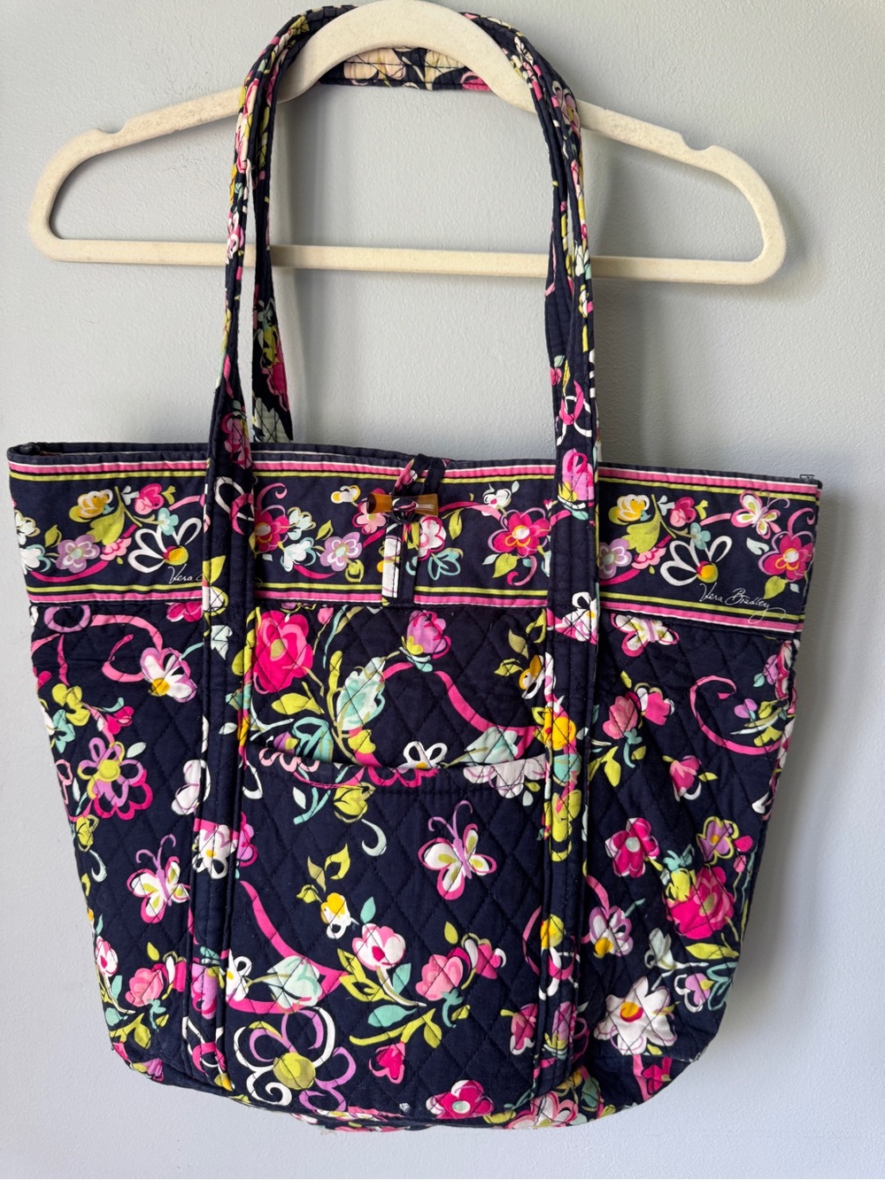 Vera Bradley navy Floral Quilted Shoulder Tote with Pink & Yellow Accents